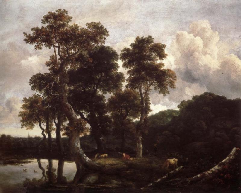 Jacob van Ruisdael Grove of Large Oak trees at the Edge of a pond oil painting picture